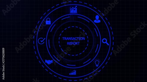 Futuristic digital interface displaying transaction report with for security lock chart handshake checkmark lightbulb and user on dark grid background