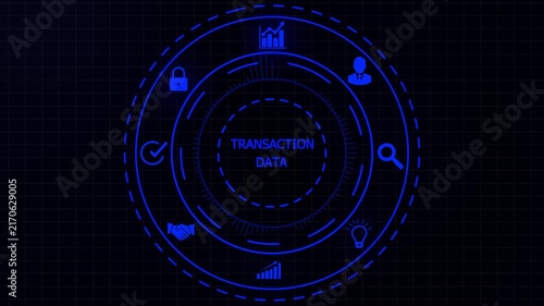 Futuristic digital interface displaying transaction data with for security lock chart handshake checkmark lightbulb and user on dark grid background