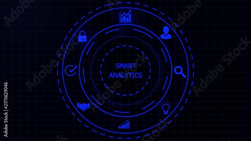 Futuristic digital interface illustrating smart analytics concepts with for security growth and data on a dark grid background.4K animation motion graphic Video.
