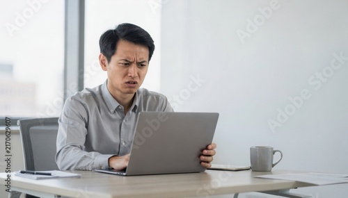 Confused Programmer at Work: A young Asian man with a bewildered expression stares at his laptop screen, struggling to comprehend the complex code before him in a modern office setting.