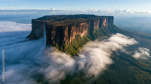 Aerial view of Mount Roraima, a majestic flat-topped tepui mountain above the clouds.