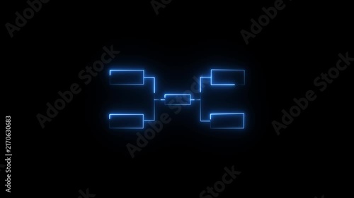 Blue neon glowing tournament bracket diagram on a dark background an animated lighting up against a pitch black championship tree competition structure elimination chart matchup graphic playoff layout