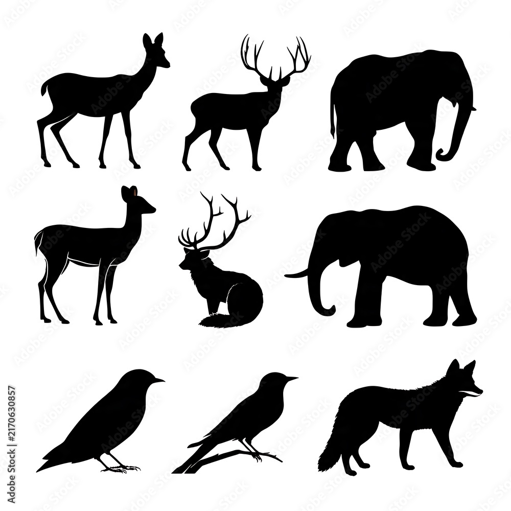 Fototapeta premium Set of black wild animal silhouettes including deer elephant and birds isolated on white background