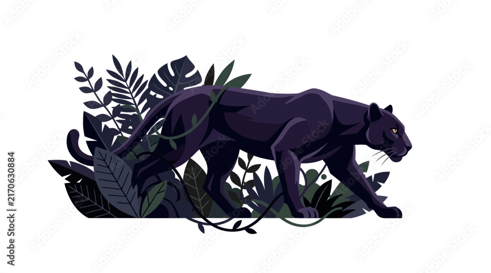 Fototapeta premium Black Panther Walking Through Lush Jungle Foliage