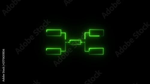 Green neon glowing tournament bracket diagram on a dark background an animated lighting up against a pitch black championship tree competition structure elimination chart matchup graphic playoff