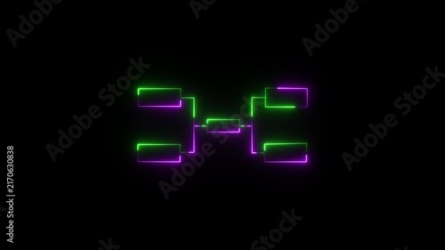 Neon glowing tournament bracket structure with green and purple lights on black background an animated graphic with and light lines against a dark glow effect competition chart championship tree