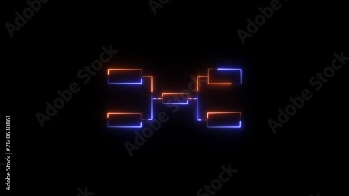 Glowing neon tournament bracket diagram with orange and blue light lines on black background a digital animation featuring bright and strokes on a dark neon lights glow effect competition chart