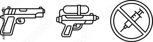 Weapon and restriction line icon set featuring pistol handgun water gun toy and no syringe sign vector