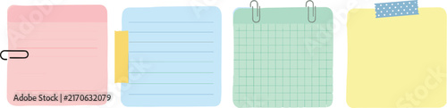 Cute Pastel Grid and Lined Memo Pads Pack with Paper Clips Round Sticker and Washi Tape for Aesthetic Digital Planner and Daily Scheduling Designs
