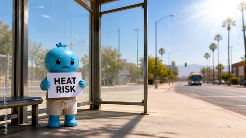 Cute Turquoise Toy Character Holding Heat Risk Sign at Sunny City Bus Stop. Conceptual Image Representing Extreme Summer Heatwave and Climate Change Awareness.