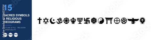 Sacred Symbols and Religious Ideograms Collection, Spiritual Iconography Set, Outline and Fill Design for Diverse Faiths