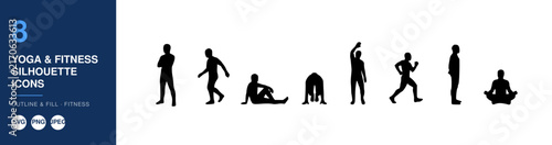 Yoga Fitness Silhouette Icons Set, Minimalist Design. Fitness Postures Illustration, Health and Wellness Concept