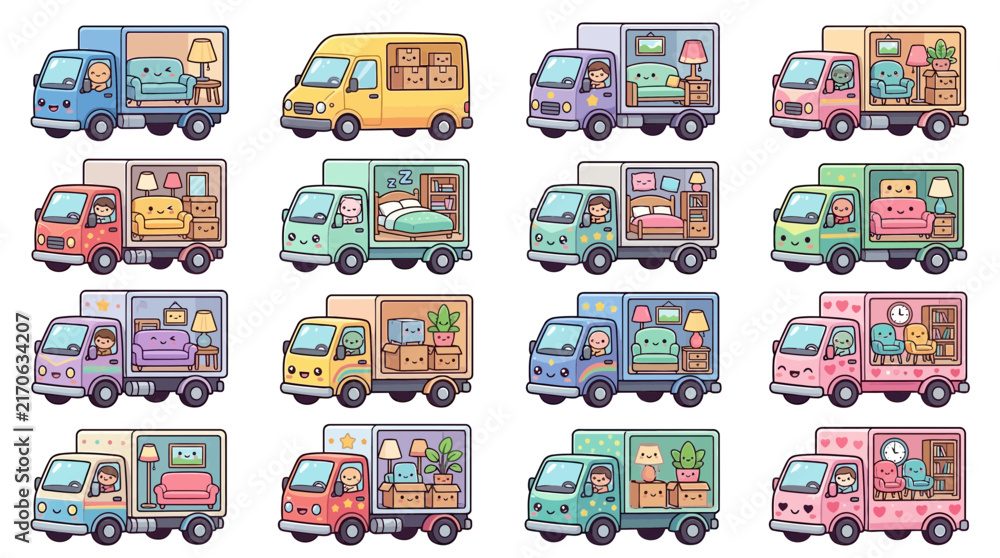 Fototapeta premium Cute Moving Trucks with Furniture and Characters, Isolated