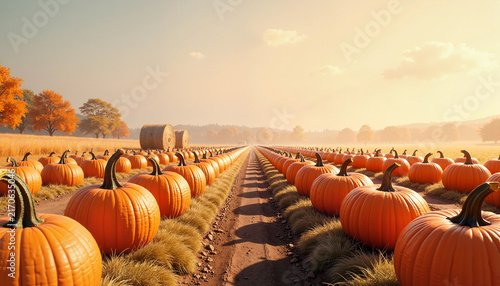 pumpkin field with rows of ripe pumpkins in autumn setting, sunlit landscape showcasing agricultural harvest, ideal for seasonal decorations or marketing materials, with copy space