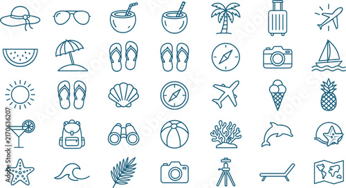 Tropical Summer Beach and Cruise Travel Outline Icon Set Featuring Coconut Drink Palm Tree Luggage Airplane Camera Sunglasses and Island Holiday Elements