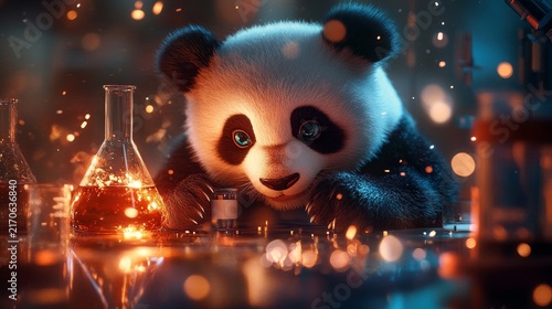 Curious panda conducting experiments in a laboratory, surrounded by scientific equipment and sparks