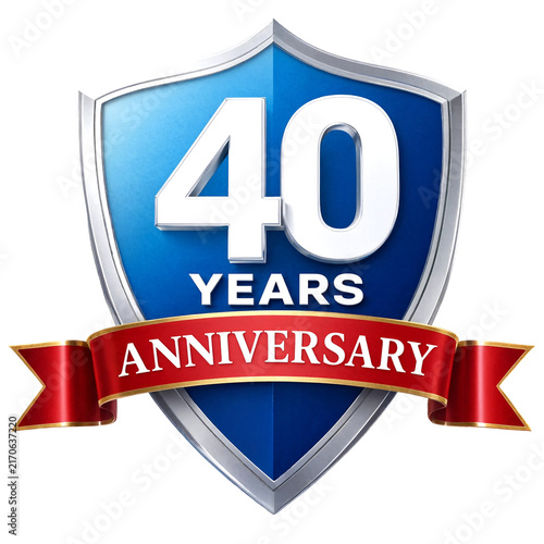 Colorful forty years anniversary emblem with shield and red ribbon banner isolated design