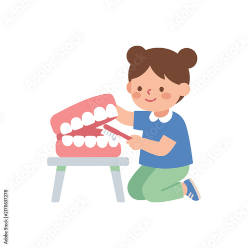 Child cleaning toy teeth bright simplified vector graphic for preschool resources storybooks and educational graphics