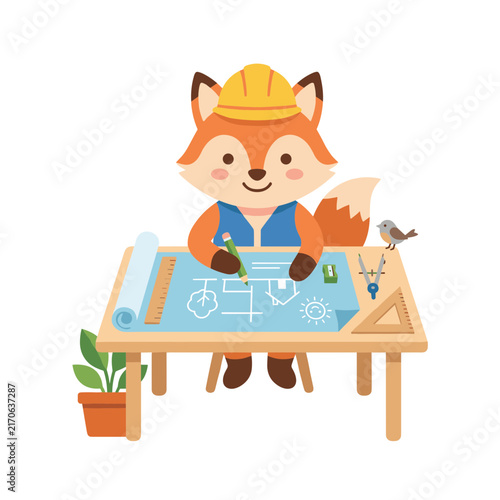Architect sketching blueprint cute clean child friendly vector artwork for kids learning posters worksheets and books