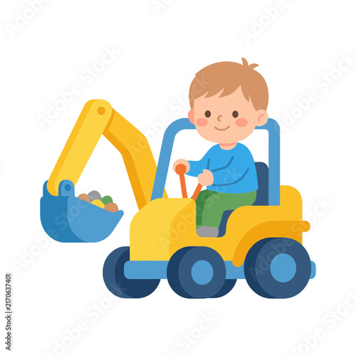 Child operating toy excavator cute clean child friendly vector artwork for kids learning posters worksheets and books