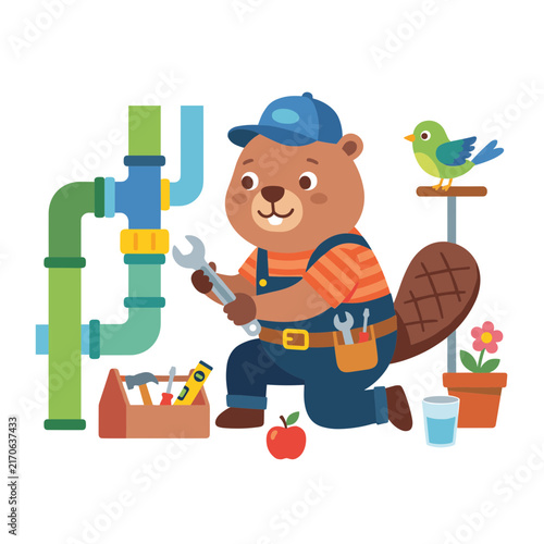 Plumber fixing pipe cute modern kid focused flat design for preschool resources storybooks and educational graphics