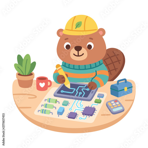 Engineer designing circuit cute bright simplified vector graphic for classroom graphics printables and learning apps