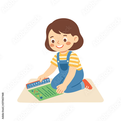Child holding toy ruler measuring toy friendly educational vector scene for kids learning posters worksheets and books