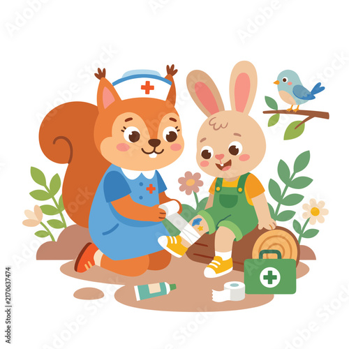 Nurse bandaging wound cute bright simplified vector graphic for kids books school resources and educational printables
