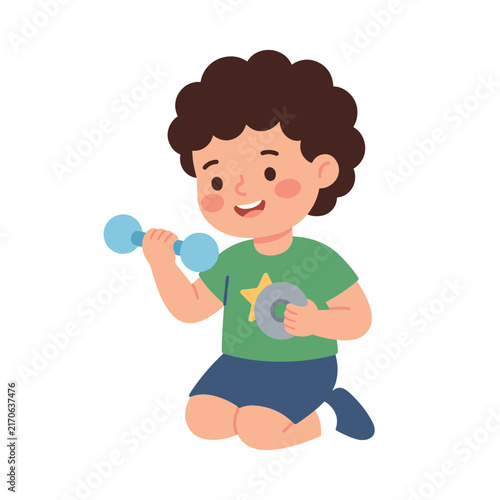 Child holding toy dumbbell lifting bright simplified vector graphic for classroom graphics printables and learning apps