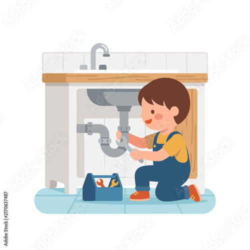 Child tightening sink pipe cute bright simplified vector graphic for classroom graphics printables and learning apps