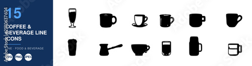 Coffee & Beverage Line Icons Set, Including Mugs, Cups, and Espresso Drinks Featuring Drink, Mug