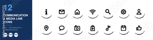Communication & Media Line Icons Set, Including Email, Location, Camera, Music Note, and User Profile Icons