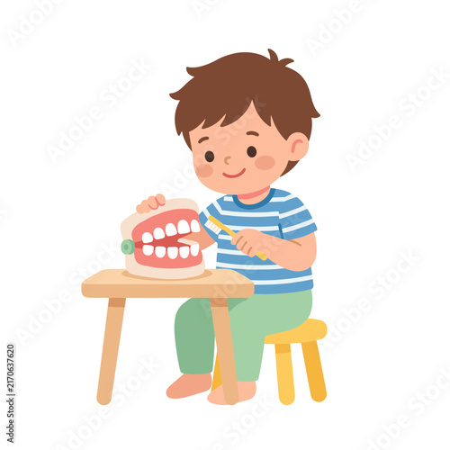 Child examining dental model soft rounded minimal vector artwork for classroom graphics printables and learning apps
