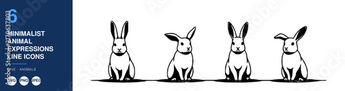 Animal Minimalist Expressions Line Icons Set, Featuring Rabbit Faces with Various Emotions