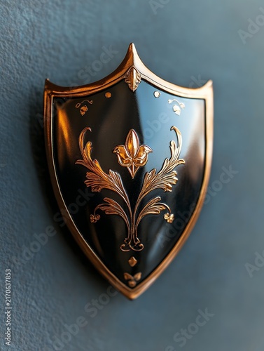 Elegant black and gold shield-shaped ornament with ornate floral design, mounted on a dark gray textured background