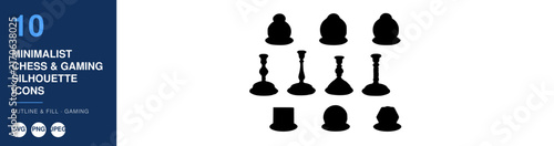 Chess Icons, Minimalist Gaming Silhouette Set, Outline and Fill Design, Vector Illustration, Gaming Concept