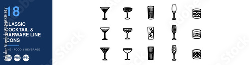 Classic Cocktail Barware Line Icons Set, Elegant Design, Food and Beverage Illustration, Minimalist Style