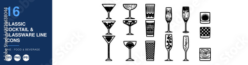 Classic Cocktail Glassware Line Icons Set, Vintage Style Illustration, Food & Beverage Design, Barware Concept