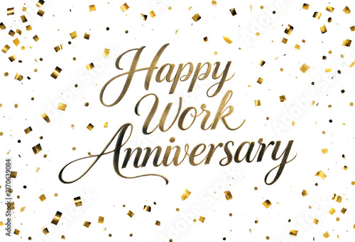 Elegant golden happy work anniversary greeting card with confetti celebration design for special occasions