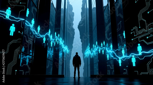 Obraz na płótnie A man stands in futuristic digital corridor looking at glowing user profiles, representing how social media algorithms analyze and track human connection