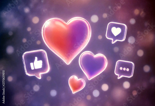 Glowing colorful hearts and social media icons representing love and likes isolated illustration