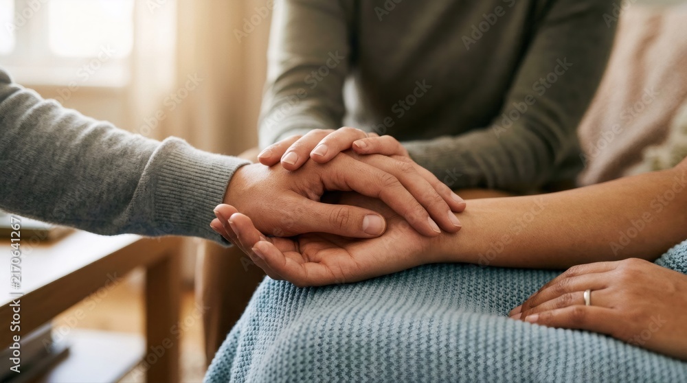 Fototapeta premium Supportive hands offering comfort during a mental health counseling session. Compassionate care, emotional support, therapy, trust, empathy, and human connection concept.