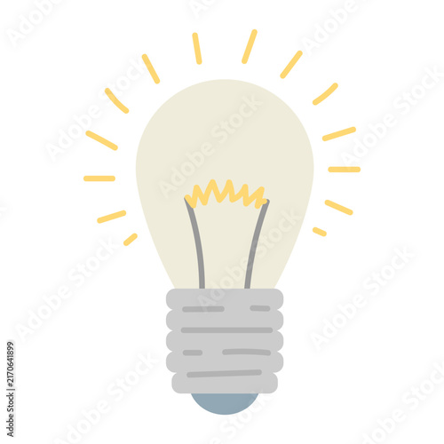 A burning light bulb. Hand drawn vector flat. Symbol of an invented idea. Lighting. Illumination. Electrical device. Color illustration.