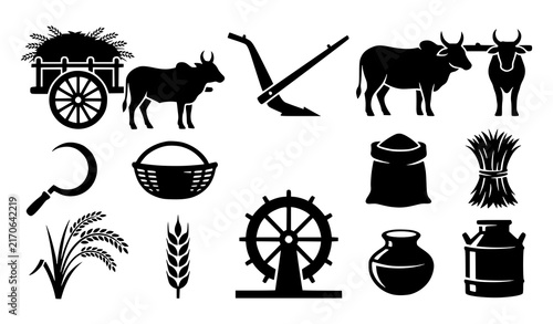 Indian Rural Farming and Harvest Vintage Silhouette Vector Collection