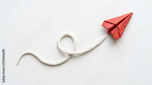 Red paper airplane with white trail on white.