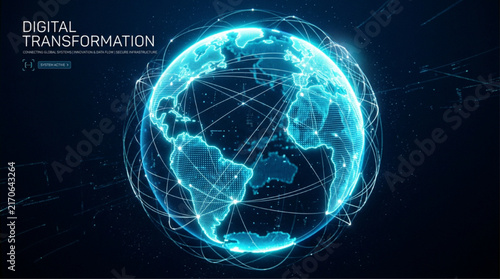 Glowing Digital Earth Sphere with Worldwide Data Lines for Global Transformation