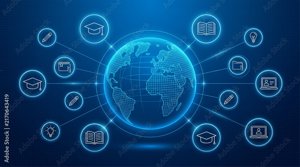 Obraz premium Global Distance Education Concept with Digital Earth and Radial Learning Icons