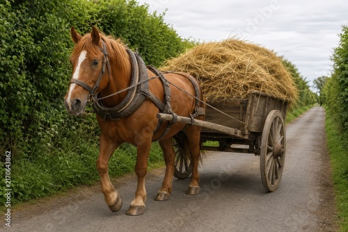 Horse drawn cart loaded with hay on a narrow country lane