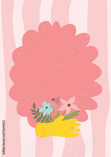 Hand Drawn Flower Poster with Yellow Gardening Gloves Holding Bloom and Copy Space