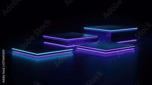 Futuristic glowing neon pedestals shine in the dark background. Modern product display stage concept for tech advertising.